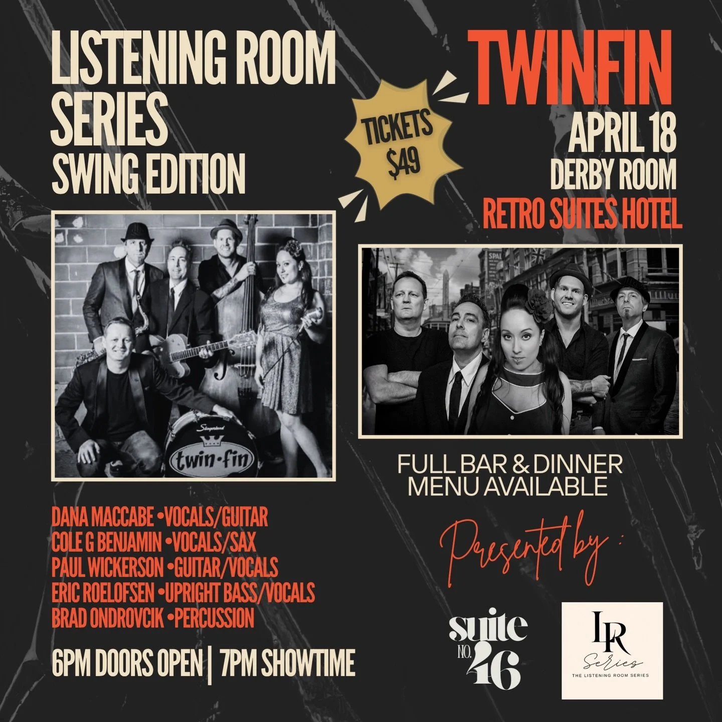 Step into something a little different 🎷✨

The Listening Room Series part two: Swing Edition is bringing live music, good vibes, and an elevated night out to the Derby Room at Retro Suites Hotel!

Join us April 18 for Twin Fin&mdash;a high-energy sw