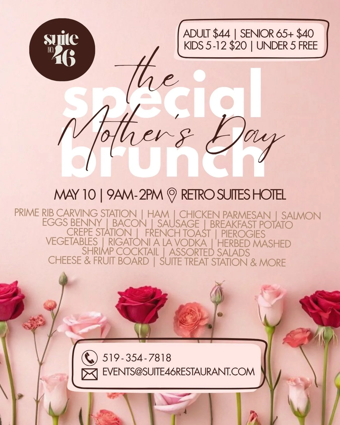 Treat Mom to a Mother&rsquo;s Day she&rsquo;ll actually want to wake up early for 💐

Join us Sunday, May 10 from 9AM&ndash;2PM for our special Mother&rsquo;s Day Brunch in the Derby Room at Retro Suites Hotel. Think prime rib carving station, eggs b