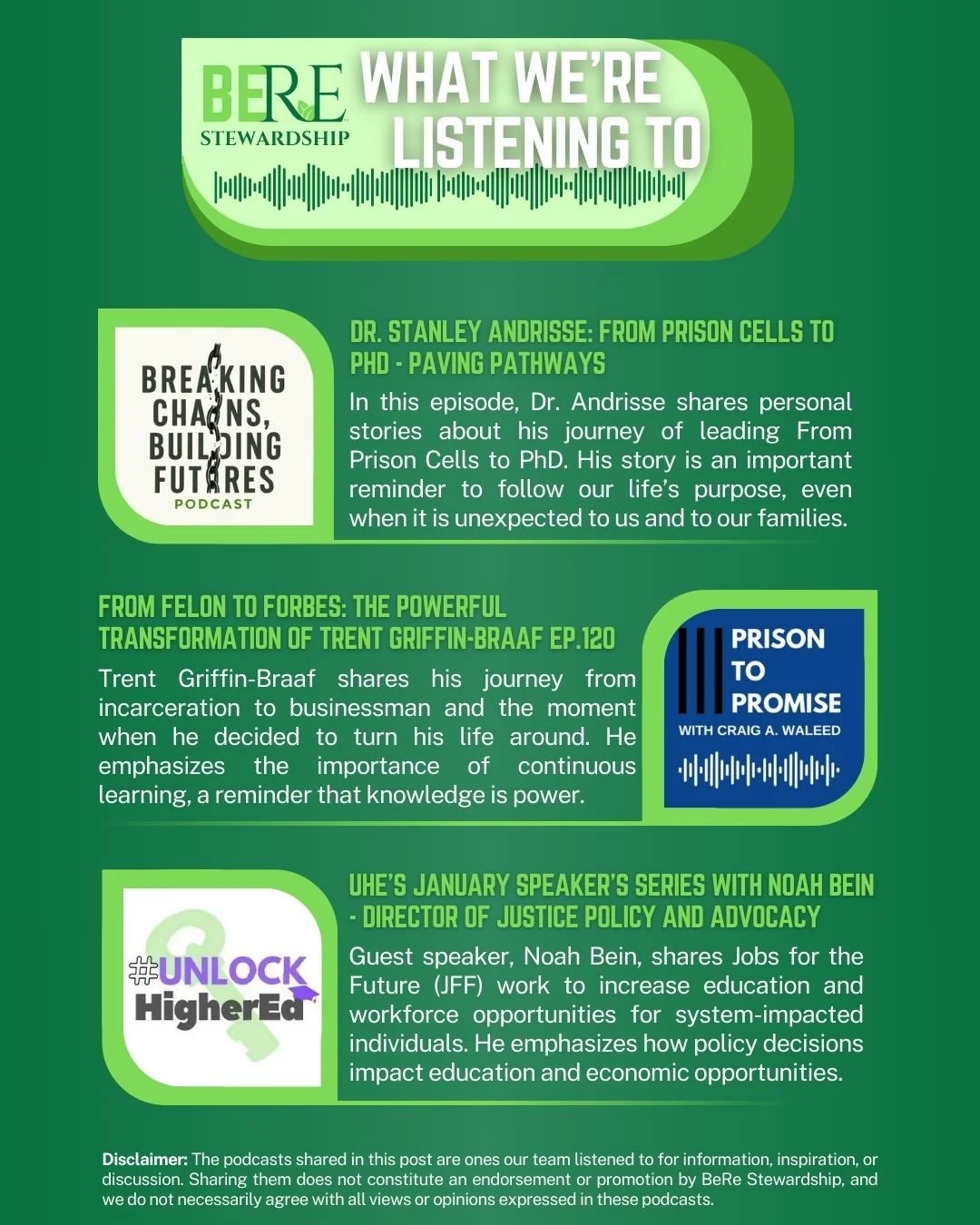 At BeRe Stewardship, we are deeply committed to advocating for education and economic opportunity for system-impacted individuals. We also believe in the importance of amplifying the voices of currently and formerly incarcerated individuals, ensuring