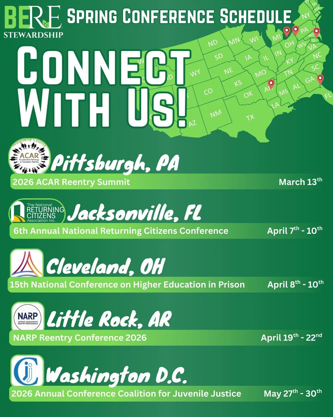 This spring, BeRe Stewardship is hitting the road! We are proud to attend some of the nation&rsquo;s most impactful conferences to advocate for a vital and often missing piece of the reentry puzzle, Justice-Informed Financial Literacy.

We are excite