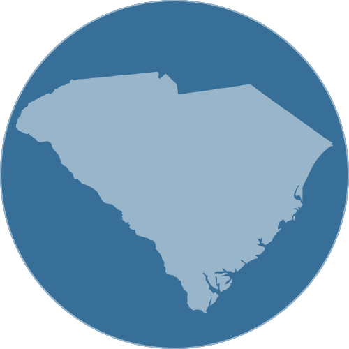 Simplified map outline of South Carolina in blue within a blue circular background.
