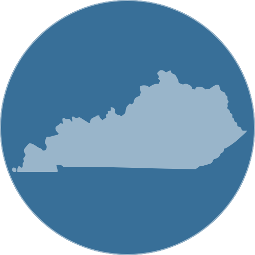 Silhouette of the state of Kentucky in light blue against a dark blue circular background.