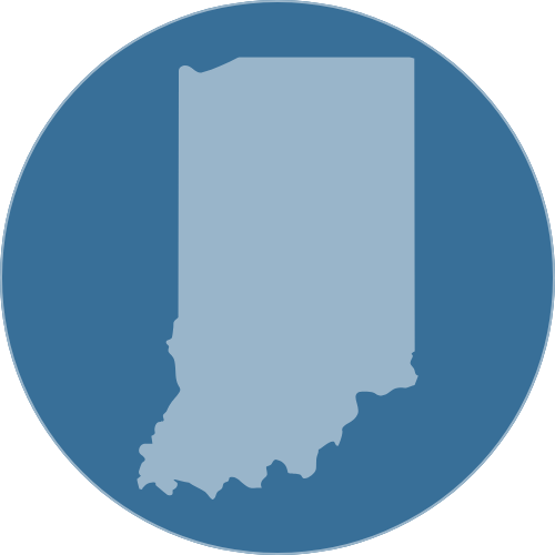 Outline of the state of Indiana on a dark blue circular background.