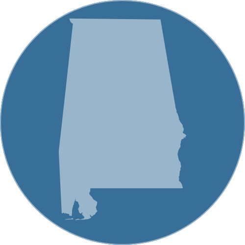 Silhouette of the state of Georgia on a dark blue circular background.