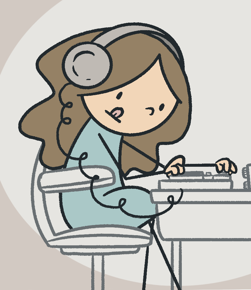 Cartoon girl with brown hair wearing headphones, sitting at a desk using a computer.