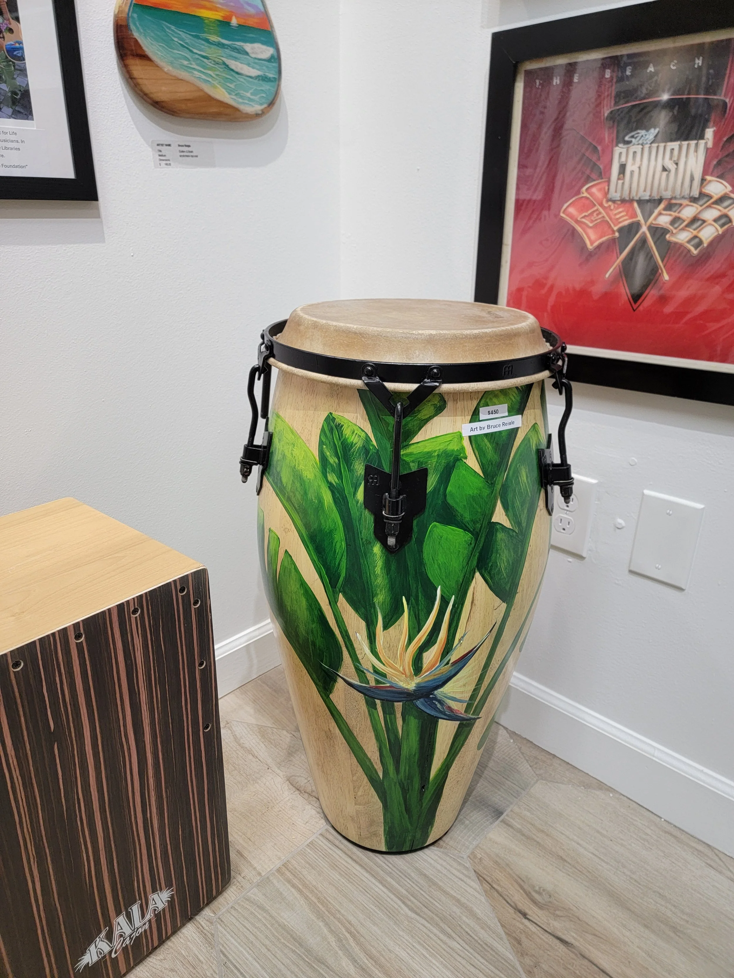 Hand painted conga drum by Bruce Reigle. Functional drum or can be used as a table.
$450.00