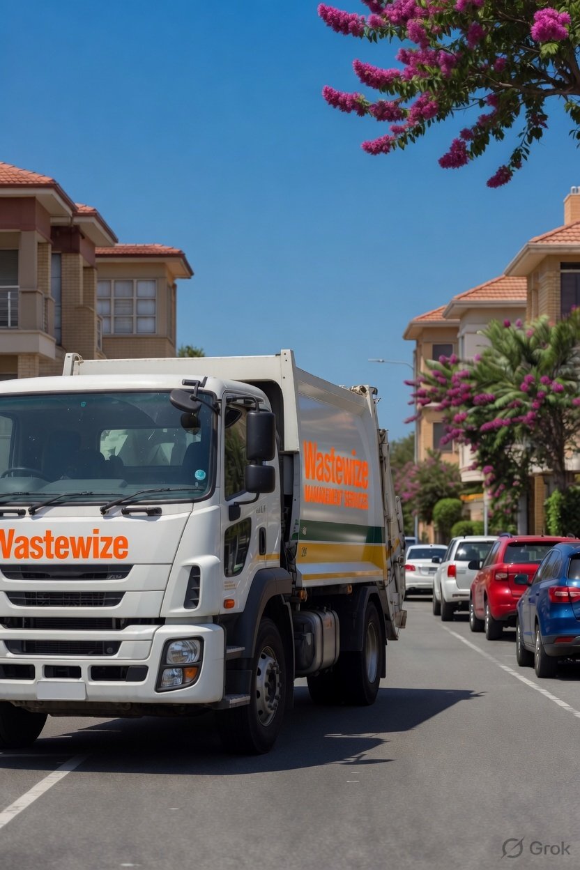 A street with parked cars and a waste collection truck labeled 'Wastewize' driving through under a clear blue sky, with flowering trees and residential buildings on either side.