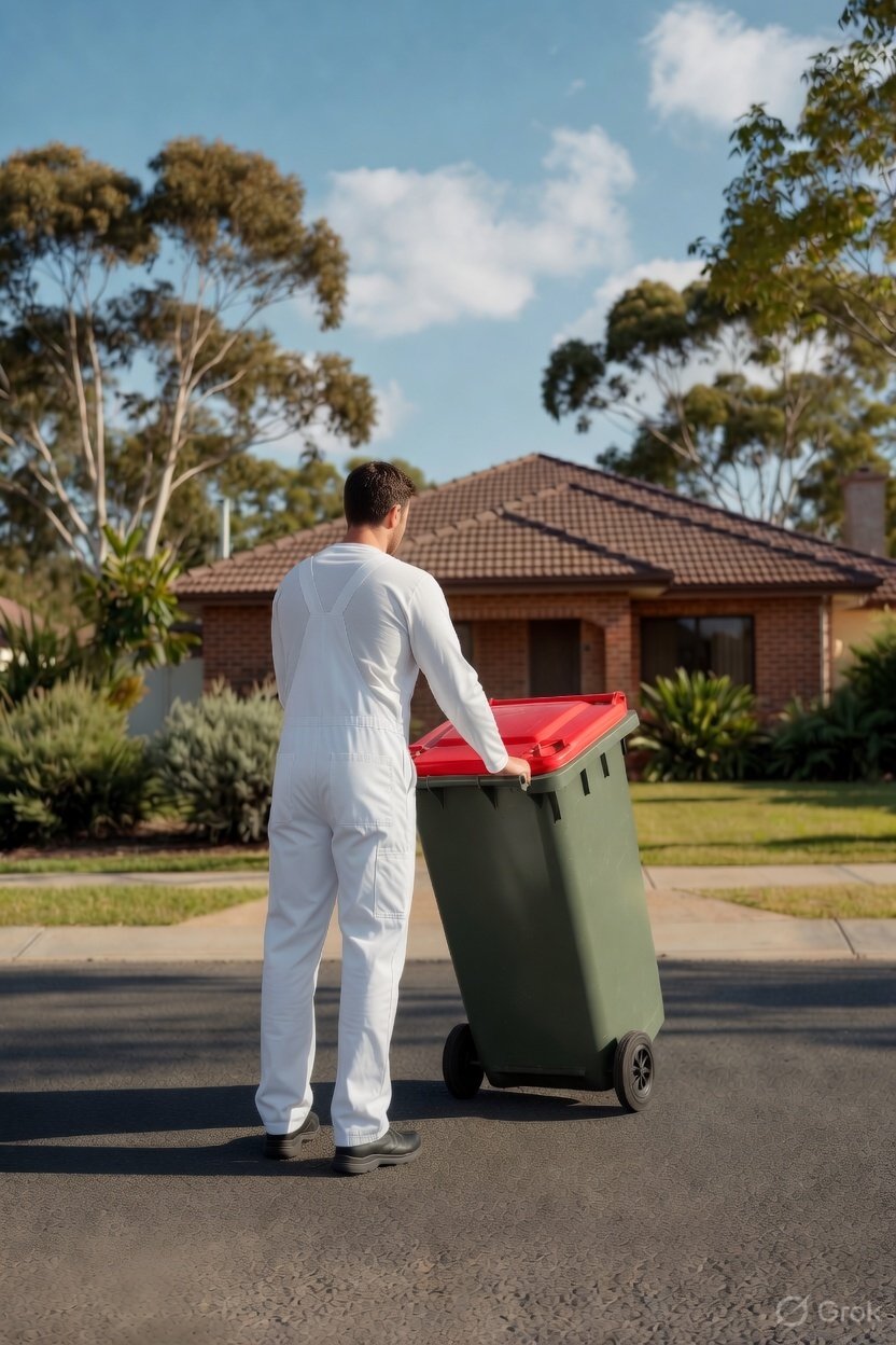 A person in white JP uniform pushing a green trash bin with a red lid on a suburban street with a house and trees in the background.