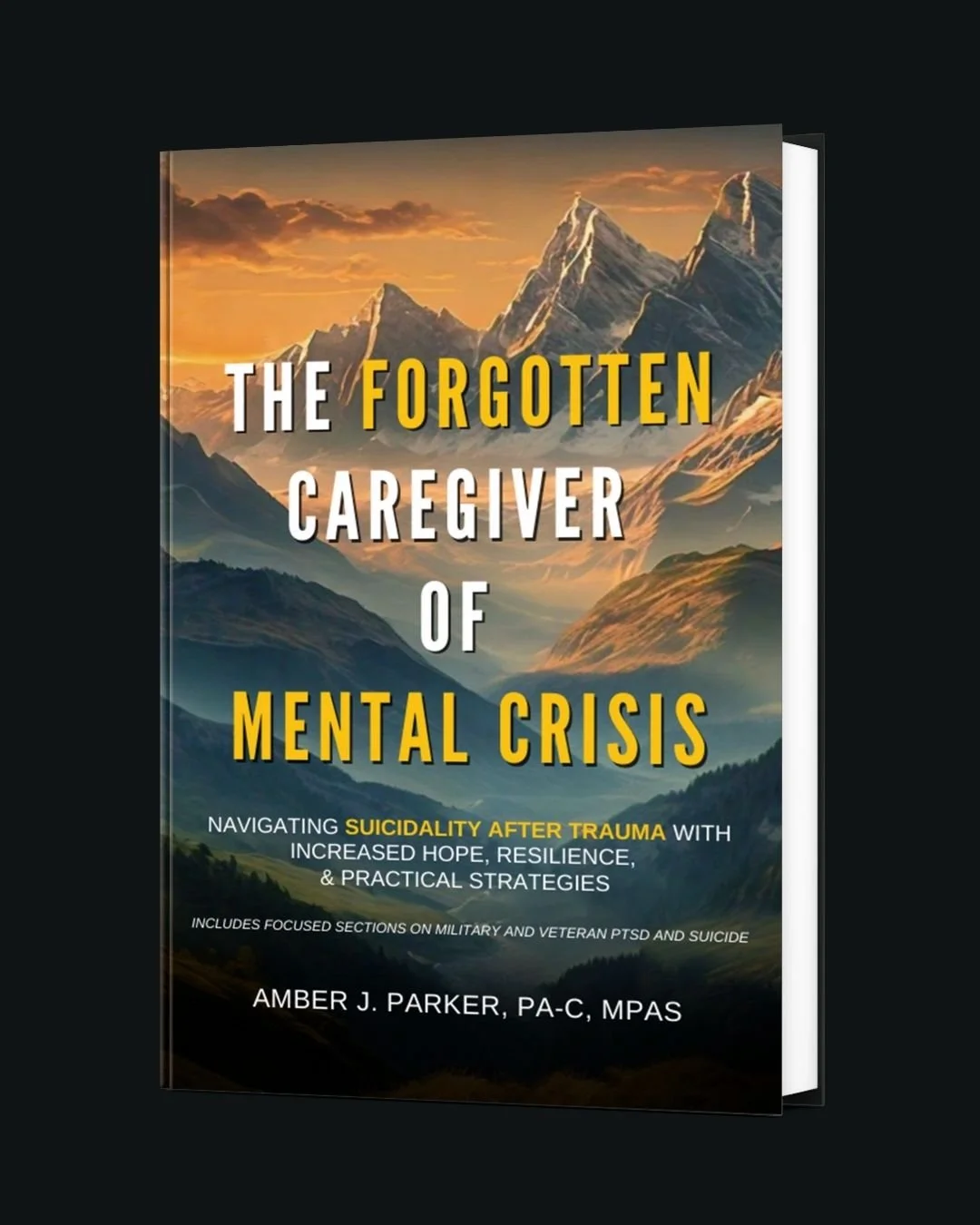 Book cover titled 'The Forgotten Caregiver of Mental Crisis' with a mountain landscape background and hope-filled sky.