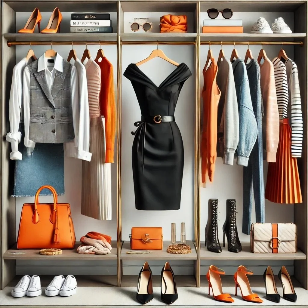 Organized wardrobe with various clothing items and accessories in orange, black, and denim, featuring dresses, shoes, bags, and a denim skirt. Sunglasses and sneakers are also displayed.