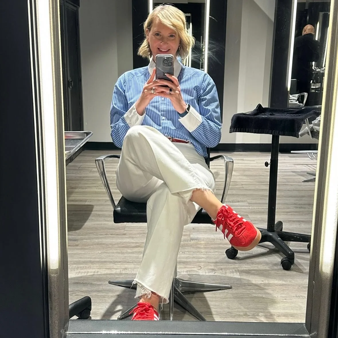 Pre-appointment chic.

White jeans, blue-and-white stripes, red Adidas, and the calm-before-the-color selfie.

Our stylist Pamela proves that great style doesn&rsquo;t wait for the foils or the fresh blowout. Even in the &ldquo;just sitting here whil