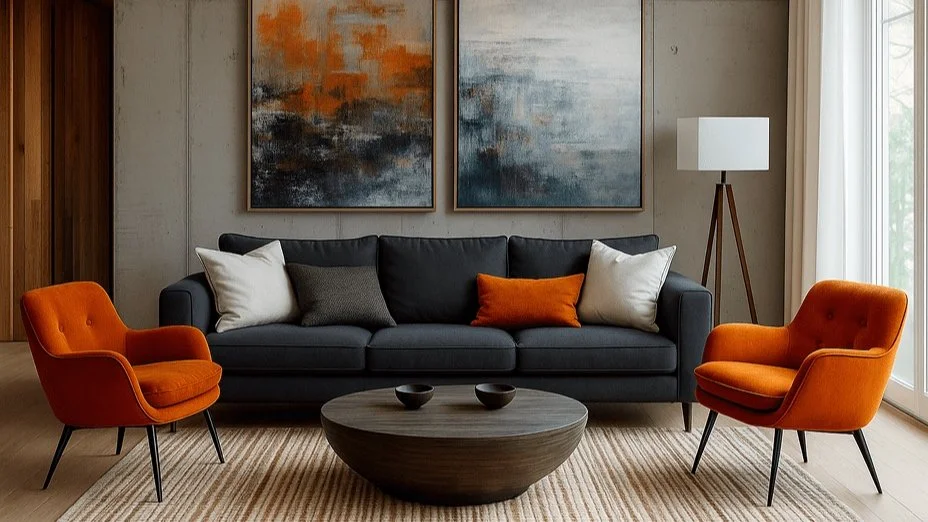 Modern living room with a dark gray sofa, orange armchairs, abstract artwork, round wooden coffee table, and tripod floor lamp on a striped rug.