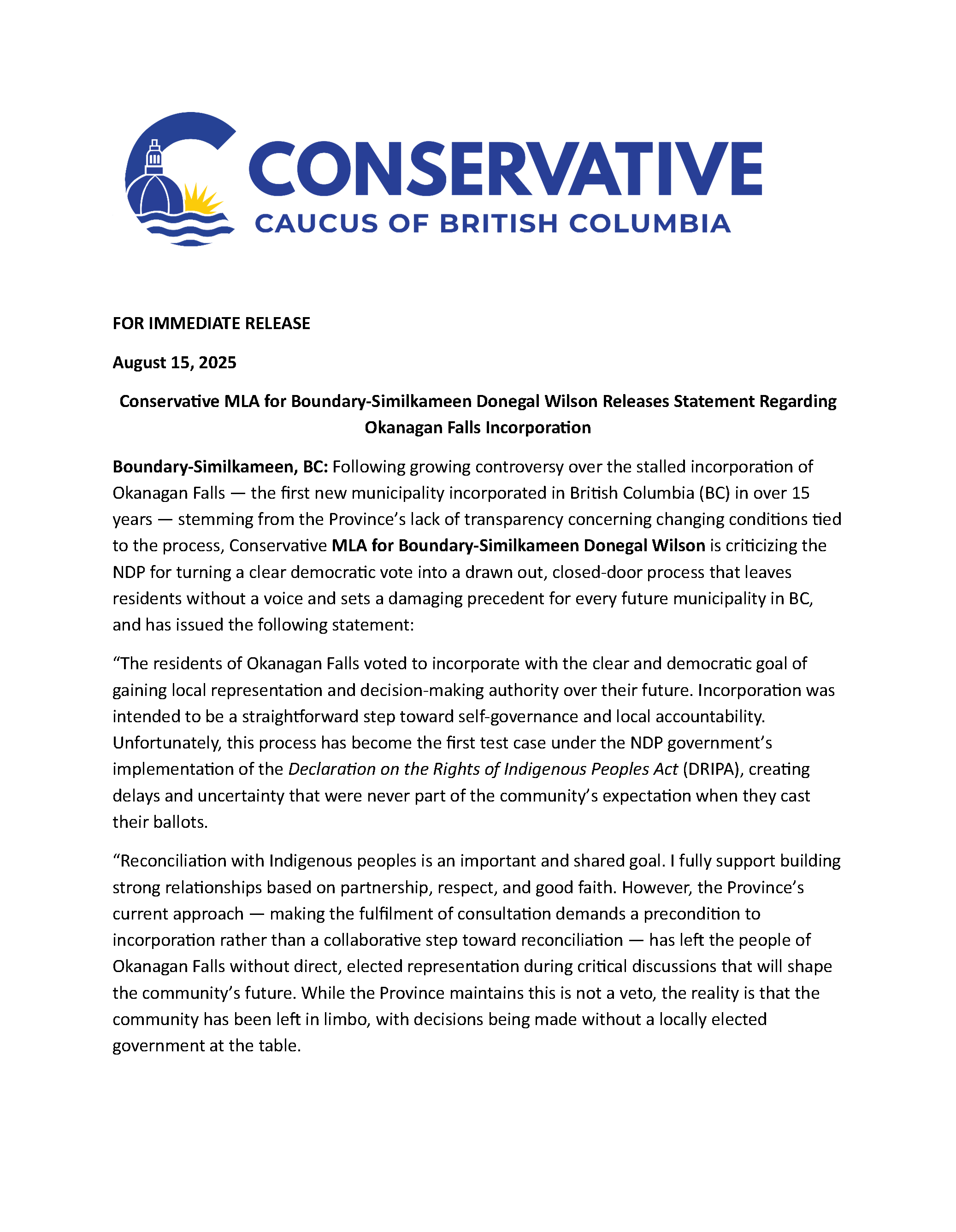 STATEMENT REGARDING OKANAGAN FALLS INCORPORATION