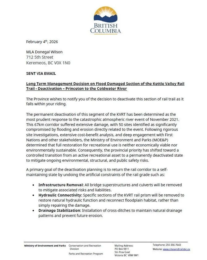 Rail trails are more than recreation. They&rsquo;re community infrastructure that supports tourism, local economies, and regional connection.

That&rsquo;s why I&rsquo;m deeply disappointed by the Province&rsquo;s decision to permanently deactivate a