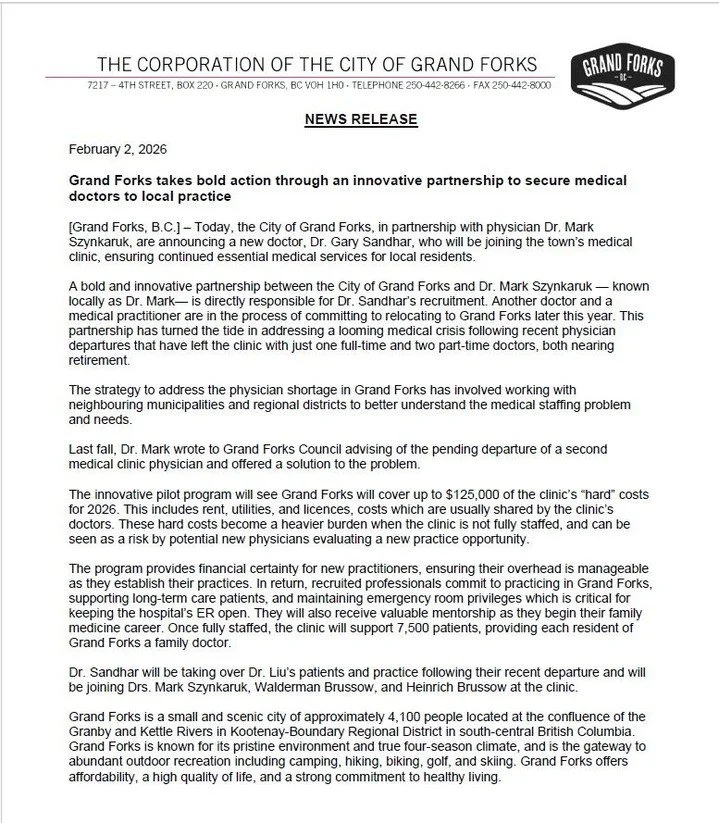 Proud of the Grand Forks community for stepping up to secure local doctors and protect access to care.

But let&rsquo;s be clear: when municipalities have to fund clinic costs just to keep doctors, that&rsquo;s a failure of provincial health-care pla