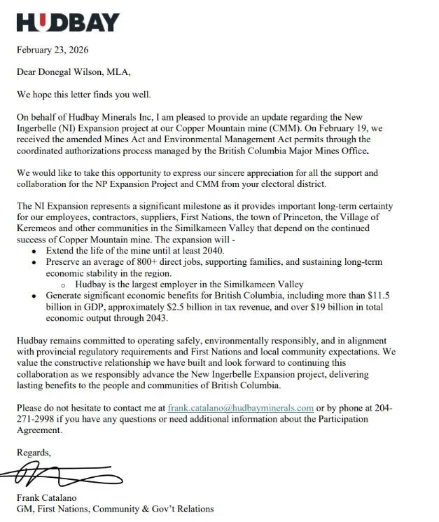 The Province has approved Hudbay&rsquo;s mine expansion in Princeton.

Having grown up in Princeton, this carries deep meaning for me. When the mine closed during my high school years, families lost homes, businesses struggled, and many were forced t