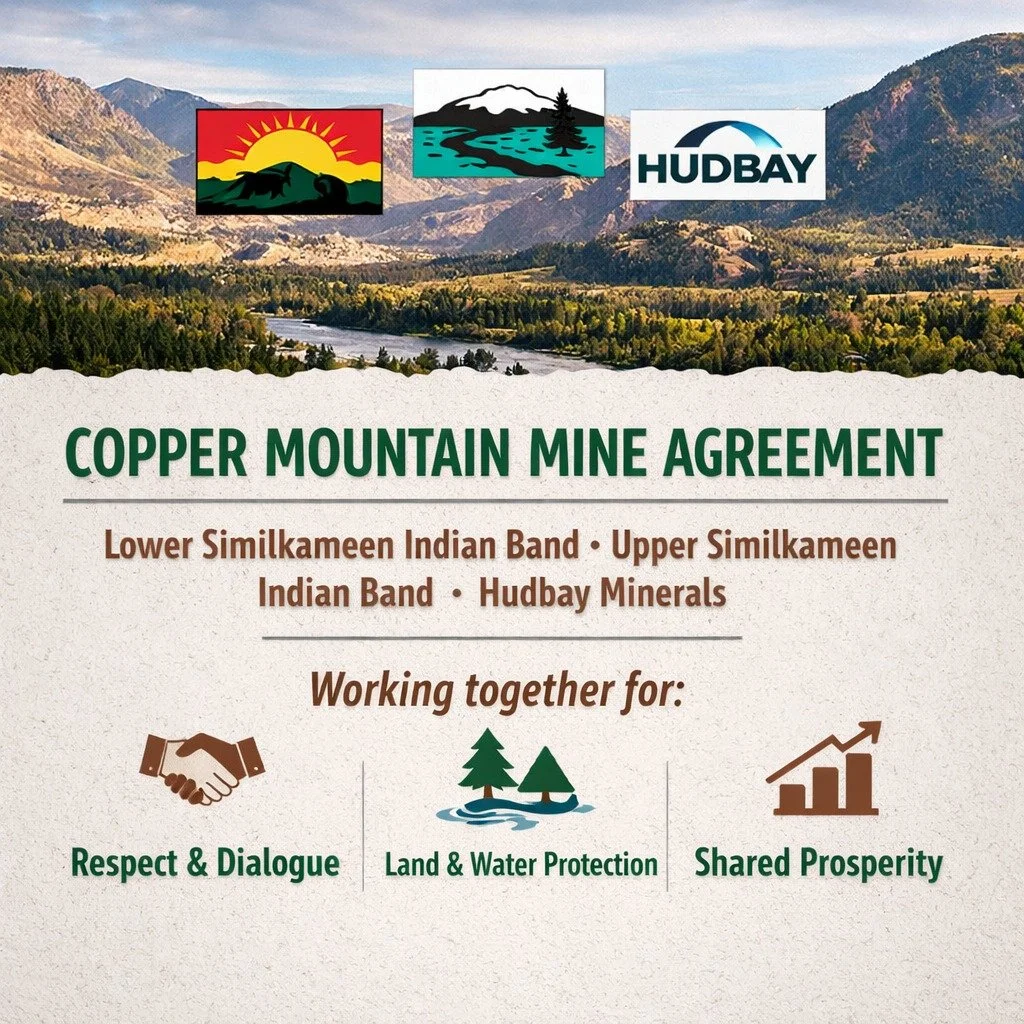 I want to acknowledge the recent agreement reached between the Lower Similkameen Indian Band, Upper Similkameen Indian Band, and HudBay Minerals related to the Copper Mountain mine.

 This reflects neighbours working with neighbours &mdash; grounded 