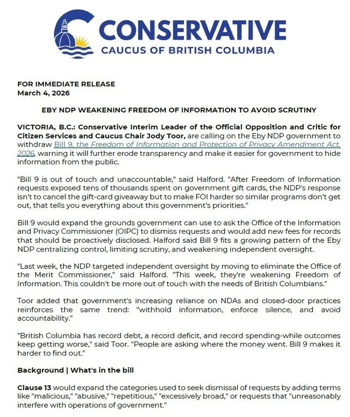 Transparency matters.

Freedom of Information allows British Columbians to access information about government decisions and public spending.

Proposed changes in Bill 9 would expand the reasons FOI requests can be dismissed and introduce new fees fo