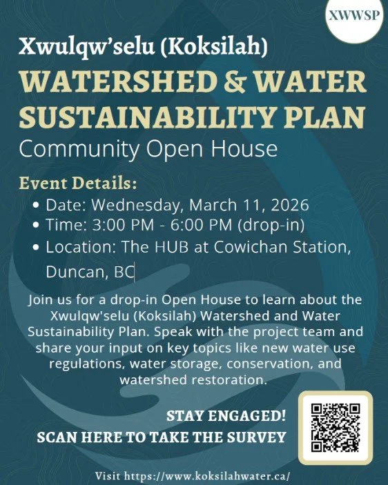 An important watershed plan is being developed for the Xwulqw&rsquo;selu (Koksilah) watershed.

Watershed plans shape decisions about land use, forestry, habitat, recreation, and water management across the entire ecosystem.

Residents can learn more