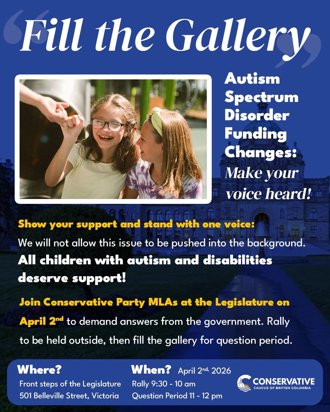 Families are coming together to raise awareness about supports for children with autism and neurodivergent needs.

Every child deserves the support they need to thrive.

If you&rsquo;re able, consider showing your support.

📍 Victoria Legislature
🗓