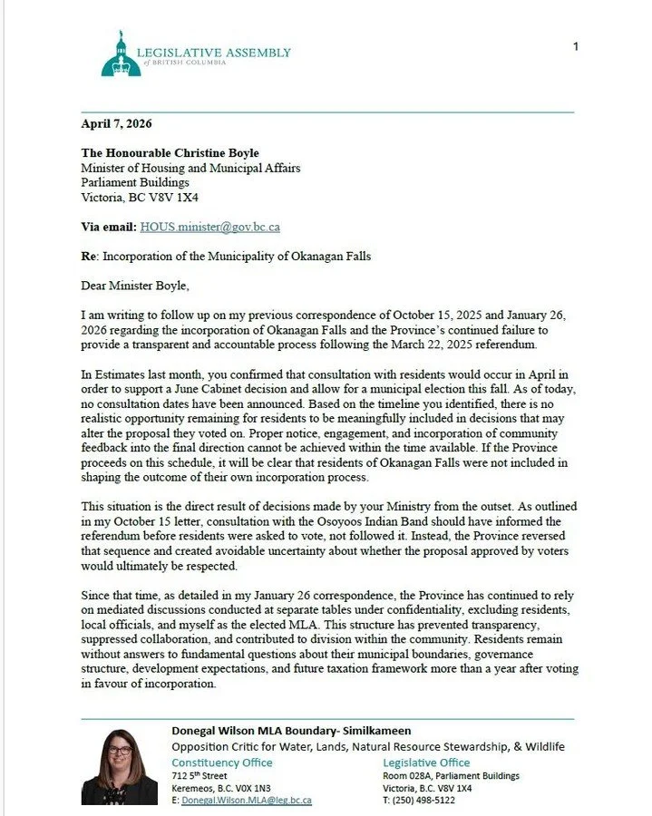 Okanagan Falls residents voted for incorporation over a year ago and are still waiting for clarity.

I am calling on the Province to respect that decision and move forward without further delay.