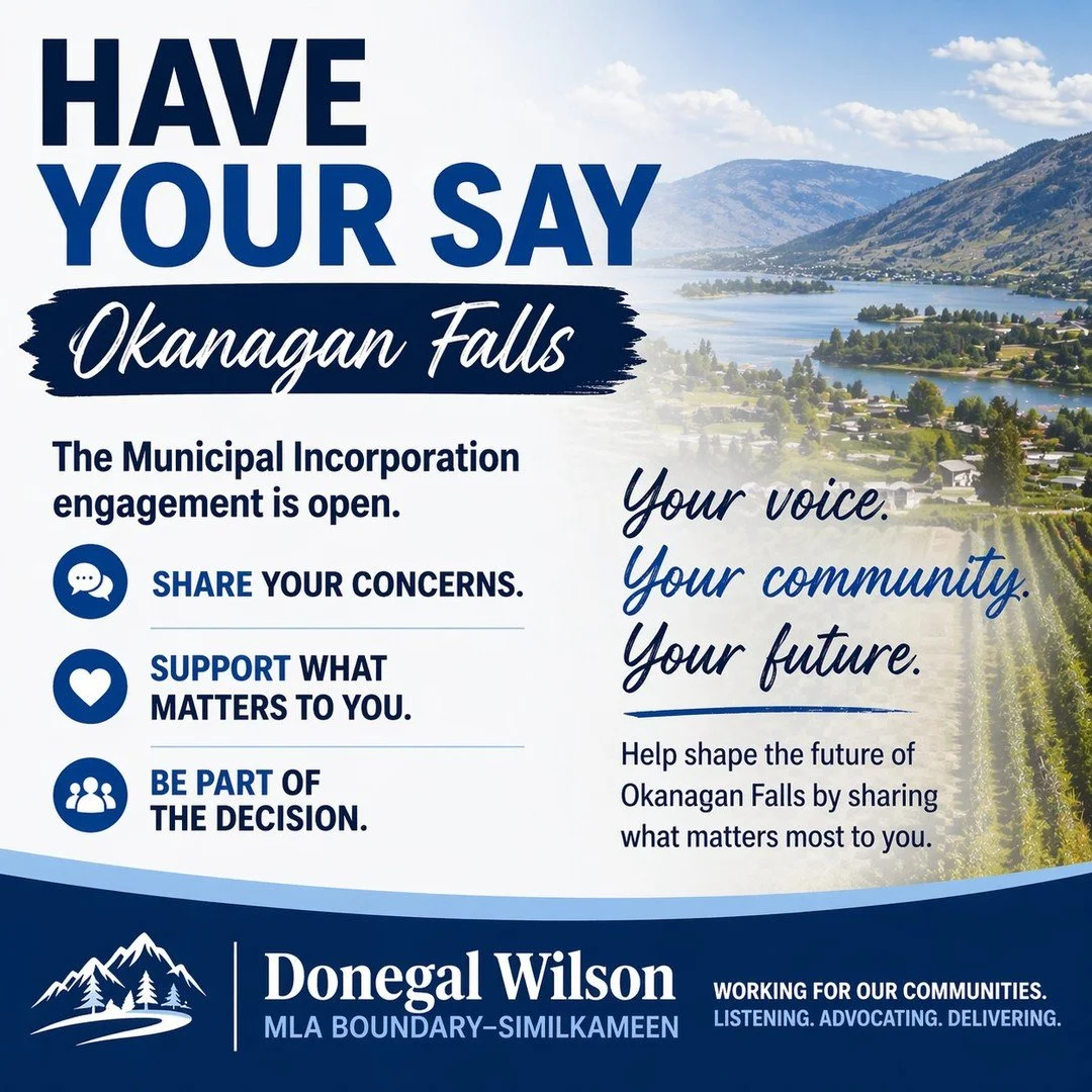 Okanagan Falls residents, this is your chance to have your say.

The incorporation engagement is open. Share your concerns and priorities before April 30. 

https://engage.gov.bc.ca/govtogetherbc/engagement/okanaganfalls/