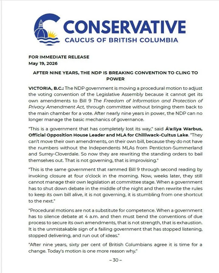 British Columbians deserve a government that respects transparency, due process, and the rules of the Legislature.

After using closure to shut down debate on Bill 9 in the middle of the night, the NDP is now changing procedural conventions because t