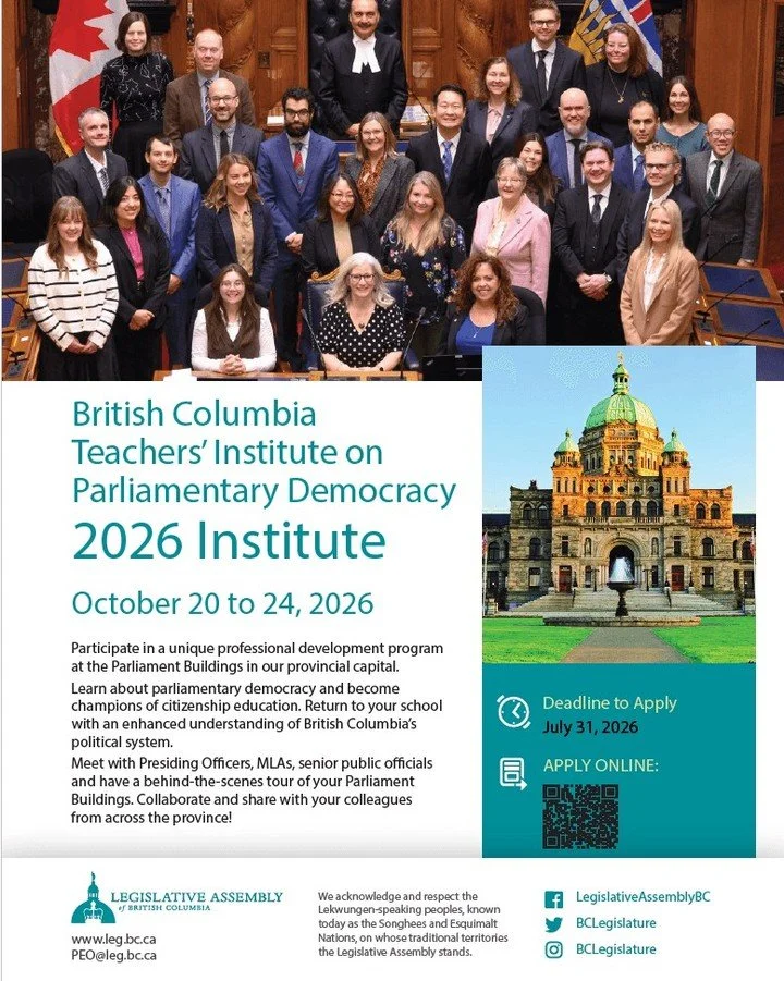 Calling all BC teachers!

Applications are now open for this year&rsquo;s BC Teachers&rsquo; Institute on Parliamentary Democracy.

This four-day professional development opportunity takes place at the BC Parliament Buildings and gives teachers a cha