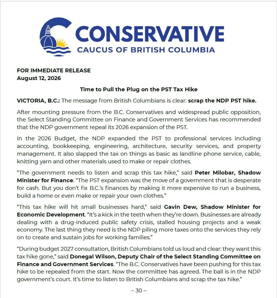 Businesses across B.C. told us clearly during the Budget 2027 consultation process that costs are already too high.

As Deputy Chair of the Select Standing Committee on Finance and Government Services, I was pleased to support the committee&rsquo;s r