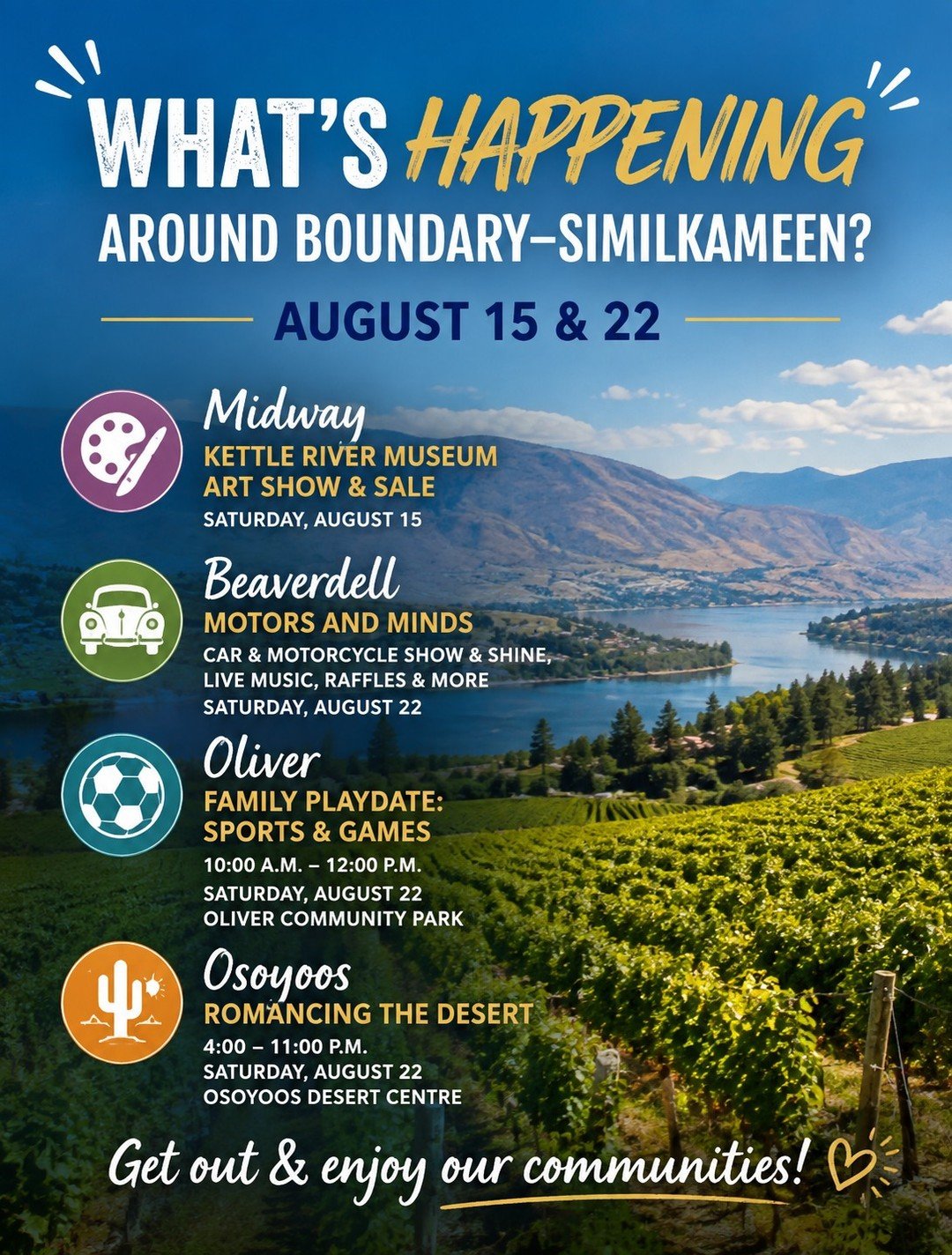 Looking for something to get out and enjoy around Boundary&ndash;Similkameen over the next couple of weekends?

There are some great community events coming up across the riding:

🎨 Kettle River Museum Art Show &amp; Sale &ndash; Midway
Saturday, Au