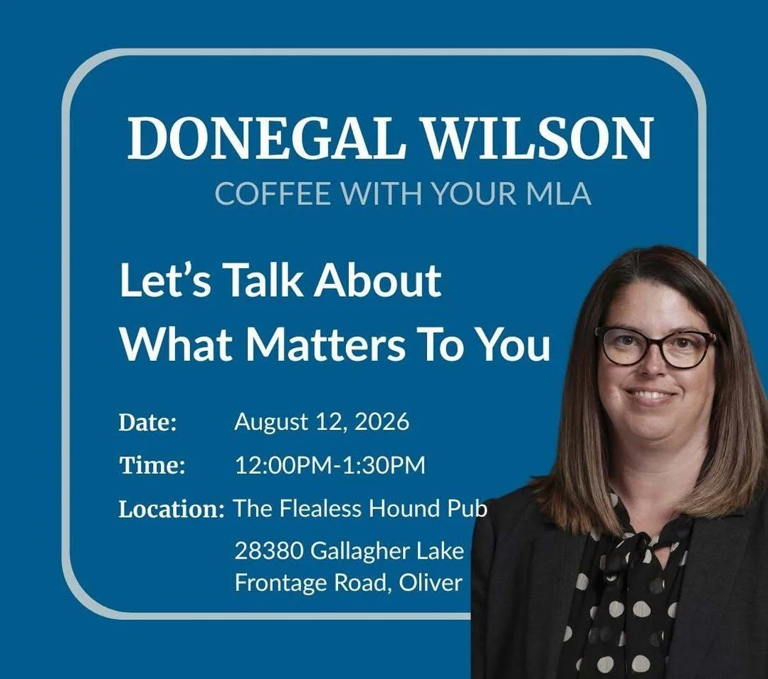 ☕ Coffee with Your MLA tomorrow!

I&rsquo;ll be at The Flealess Hound Pub on Wednesday, August 12 from 12:00 to 1:30 p.m. for an informal Coffee with Your MLA.

If you live in Gallagher Lake, Kaleden or the surrounding area, stop by to say hello, ask