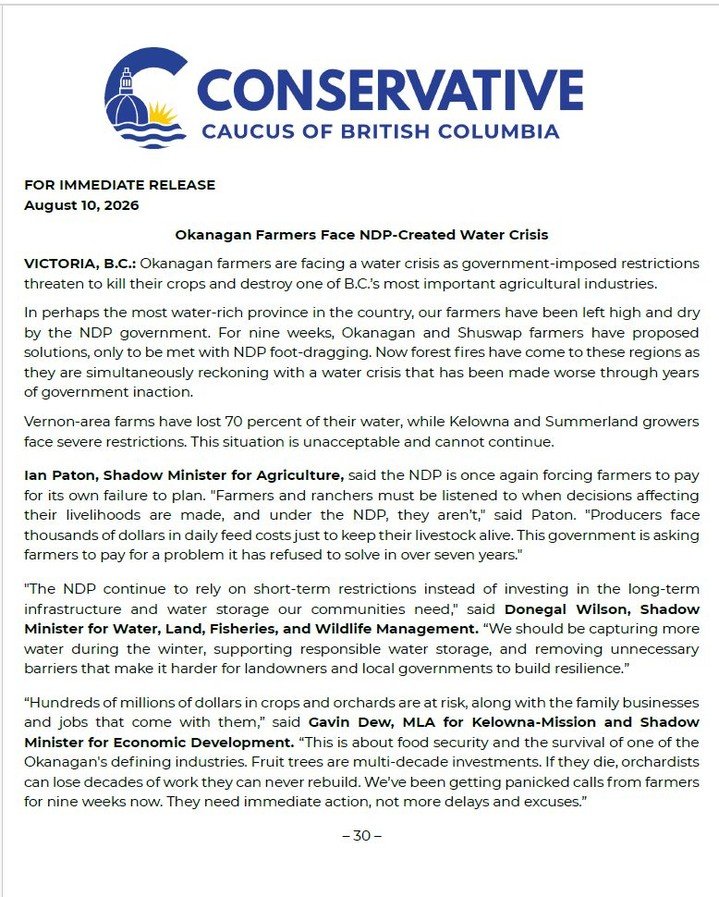 Okanagan farmers are facing an increasingly serious water crisis, and they need more than short-term restrictions.

Farmers and growers have been raising concerns and proposing solutions for weeks. With severe drought, record-low water levels and wil