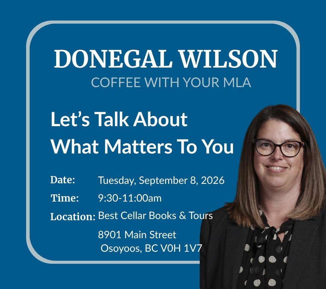 ☕ Osoyoos &mdash; Coffee with Your MLA is coming up next week!

I&rsquo;ll be at Best Cellar Books &amp; Tours on Tuesday, September 8 from 9:30 to 11:00 a.m. for an informal Coffee with Your MLA.

Stop by to say hello, ask a question or talk with me