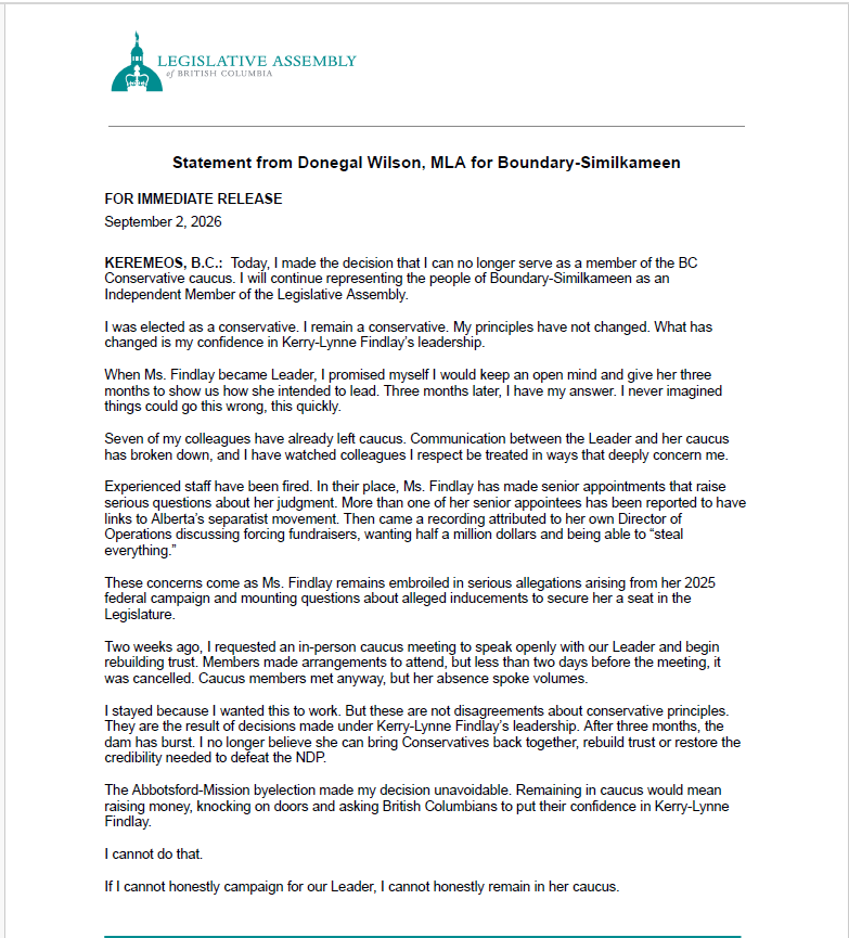 Statement from Donegal Wilson, MLA for Boundary-Similkameen