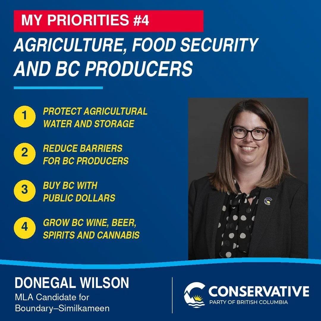 MY PRIORITY #4: AGRICULTURE, FOOD SECURITY AND BC PRODUCERS

Agriculture is more than an industry in Boundary&ndash;Similkameen. It's part of our history, our economy and the future of our rural communities.

I've heard firsthand about the challenges