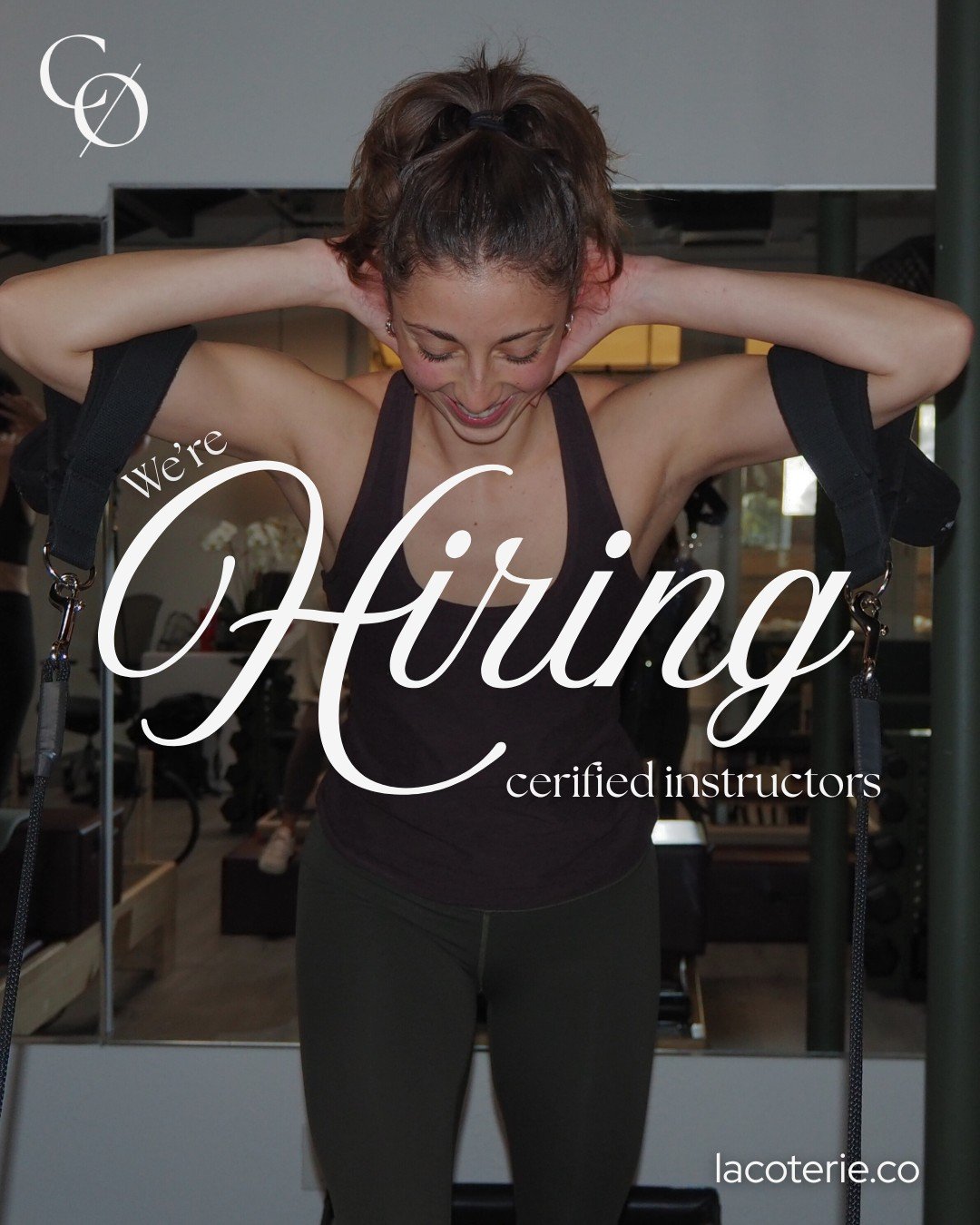 We&rsquo;re hiring 🤍

Coterie is on the hunt for a certified Pilates instructor to join our community.
Must be available Sundays (late morning) + Monday evenings (4pm, 5pm, 6pm classes) &mdash; everything else is flexible and up for conversation (bu