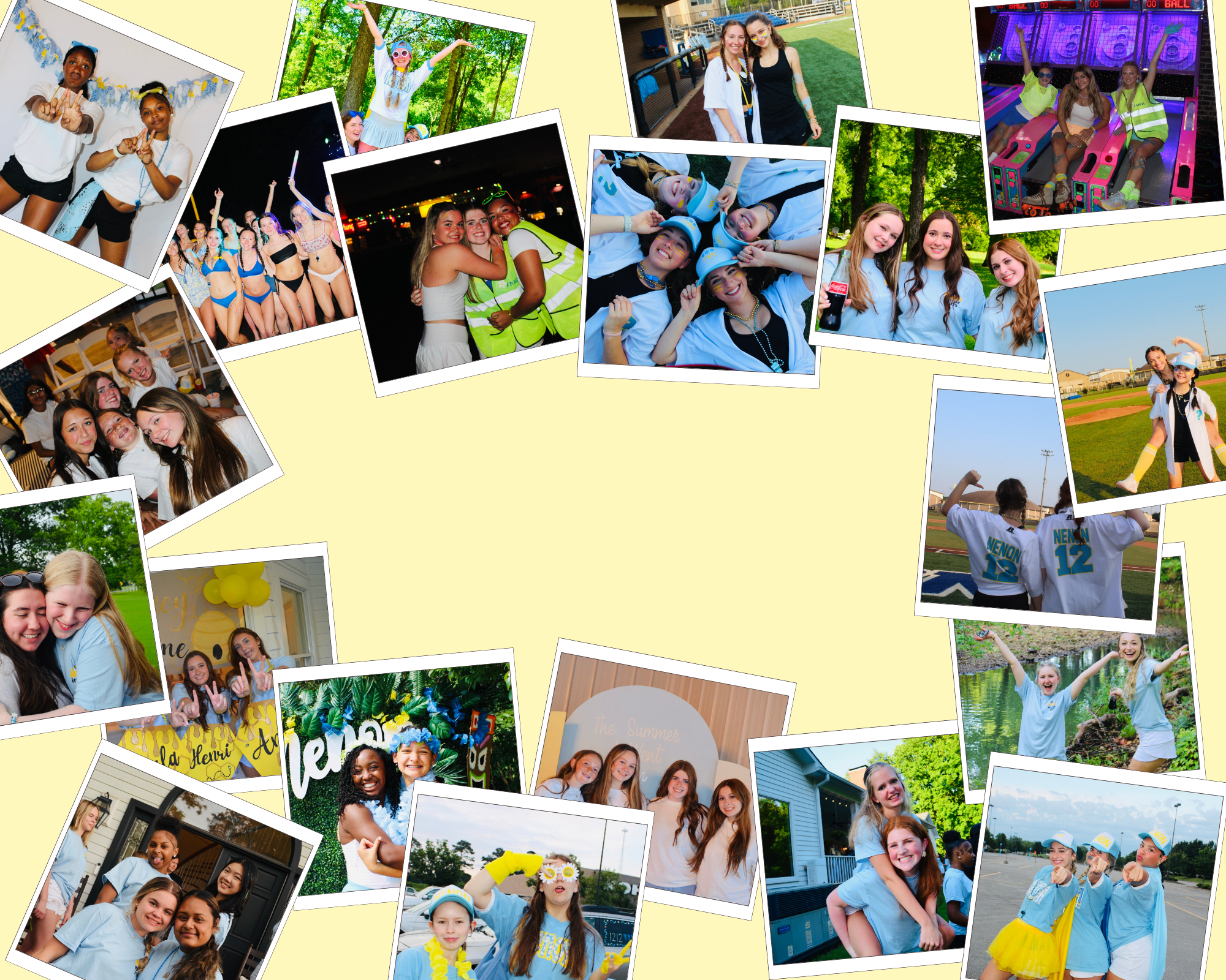 A collage of photos featuring girls and young women at various summer events, parties, and outdoor activities. They are seen at a sports field, playground, in swimming pools, celebrating birthdays indoors, and in nature, often smiling and making playful gestures.