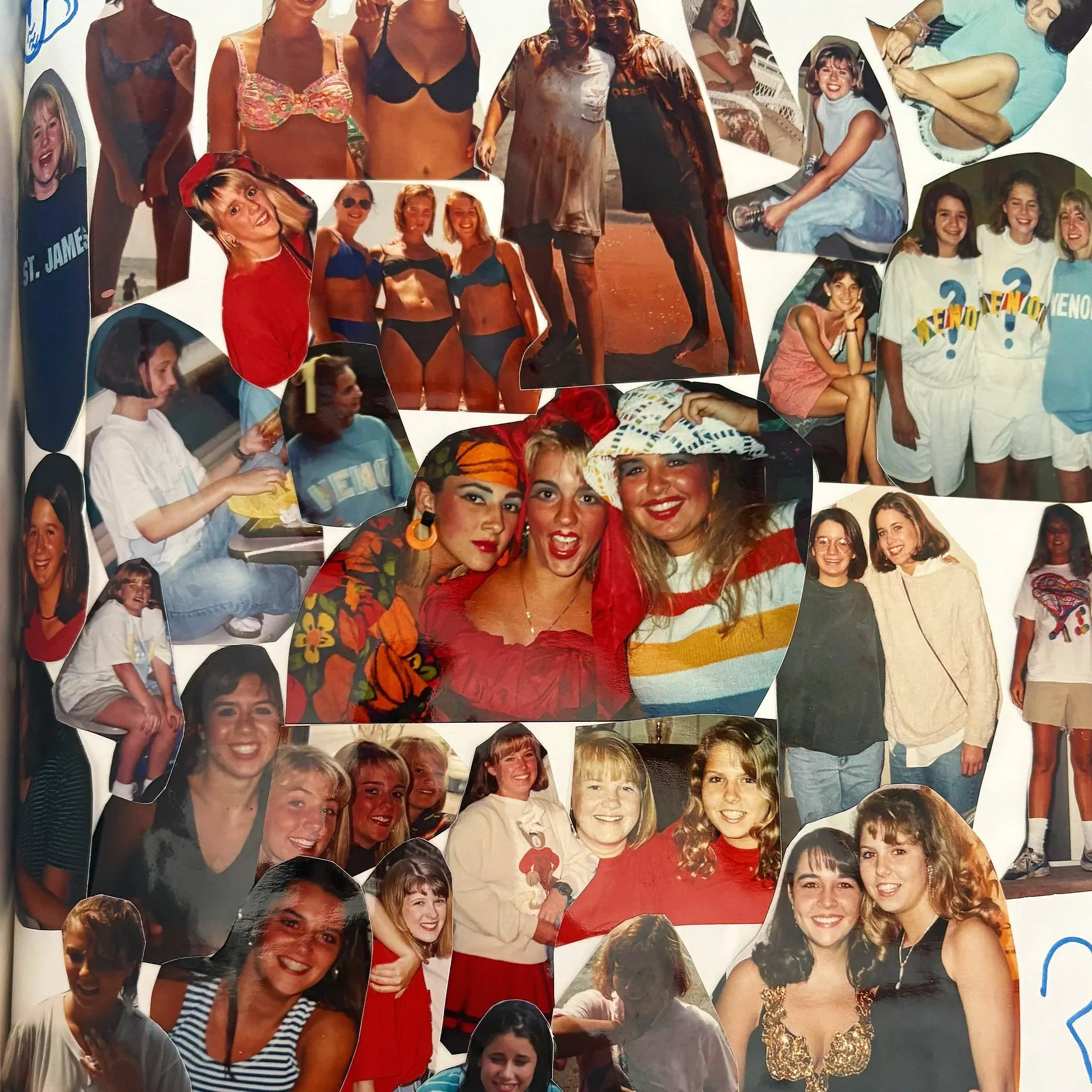 Collage of various photos featuring women and girls of different ages, some wearing swimsuits, casual clothes, or costumes, in different settings and poses, including group shots and individual portraits.
