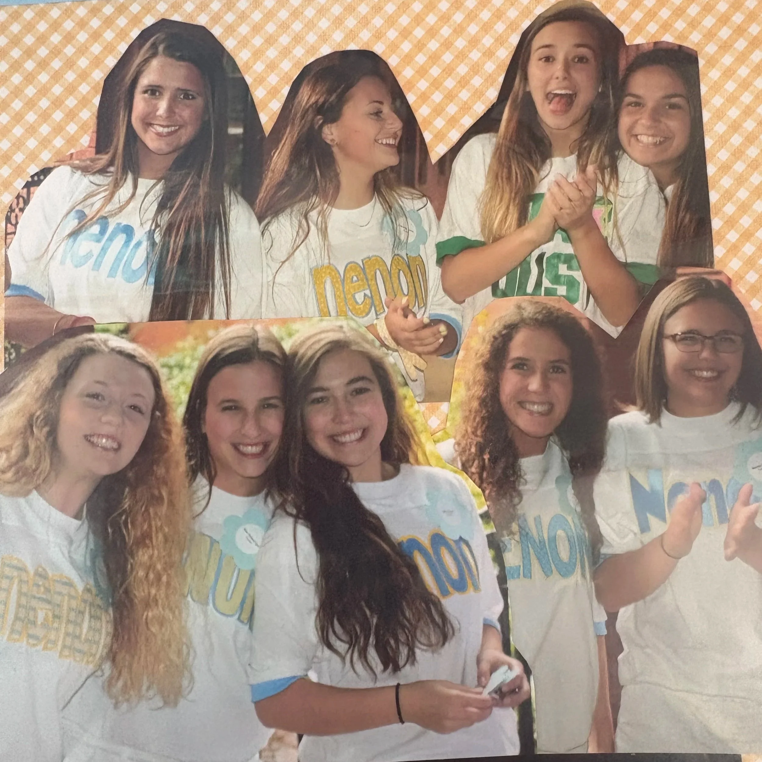 Collage of young women smiling and laughing, wearing matching T-shirts with 'NENON' written on them, outdoors with trees and sunlight in the background.