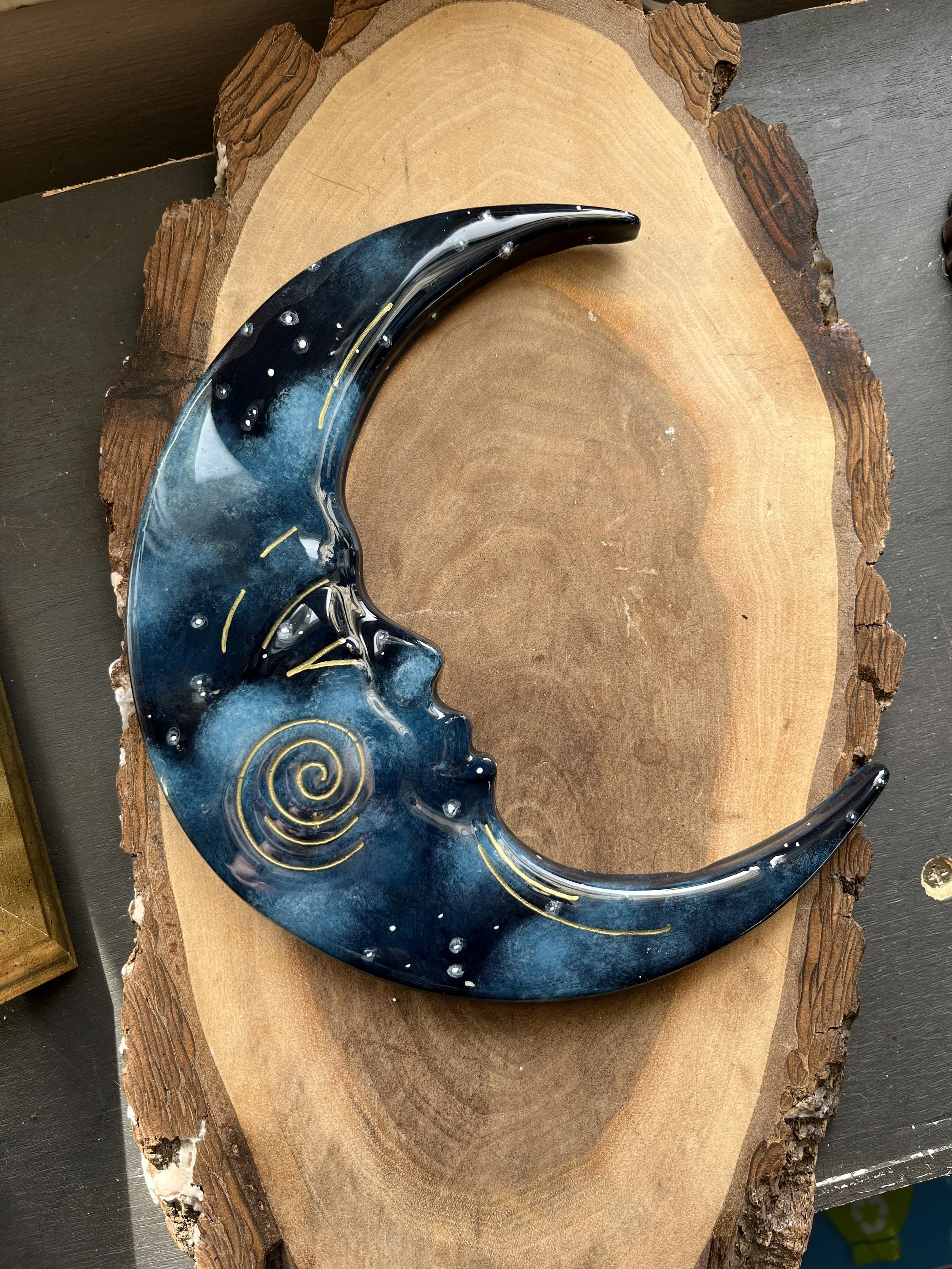 Celestial Hand Painted Crescent Moon Guardian - Teal