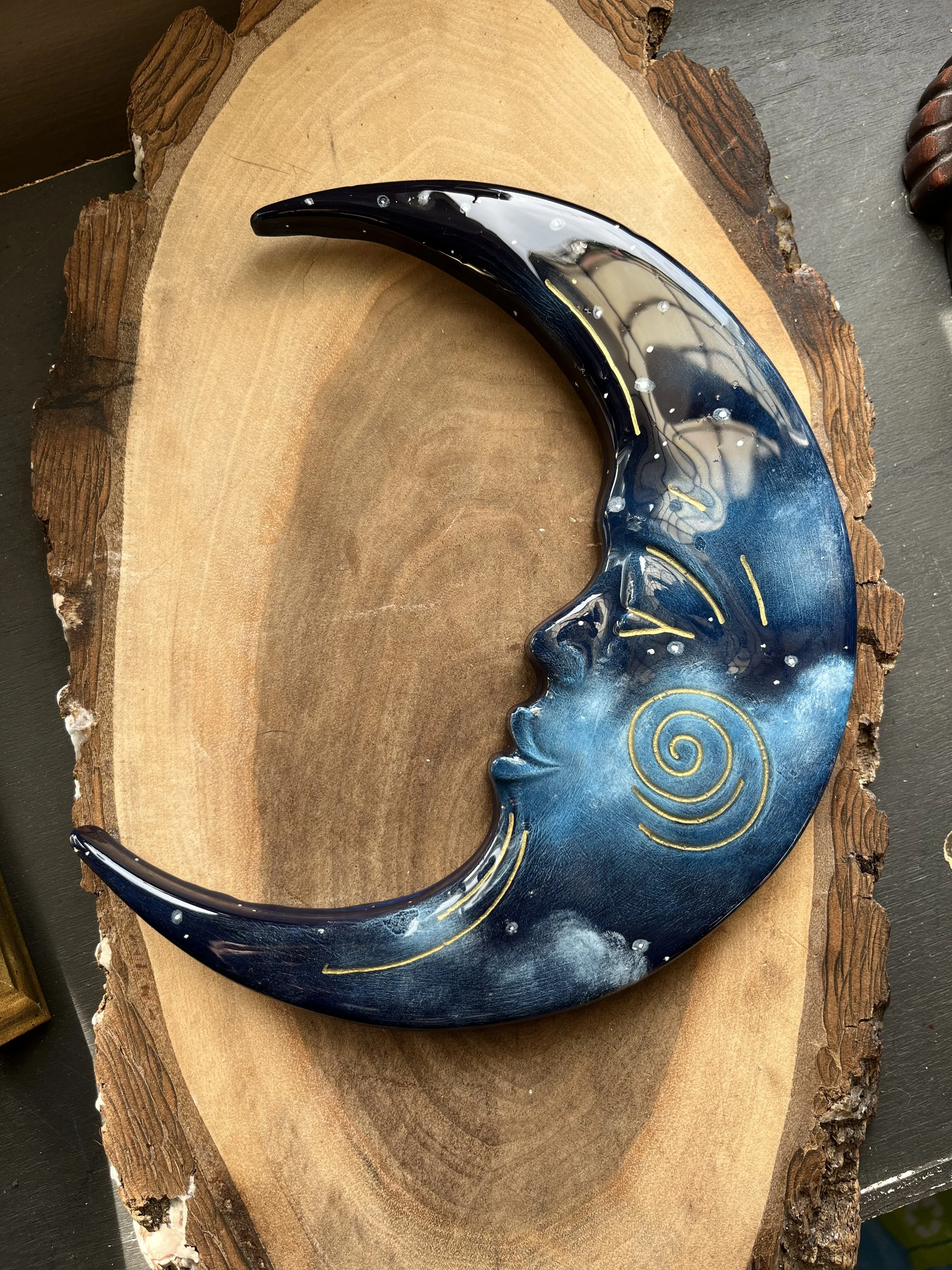 Hand Painted Celestial Crescent Moon Guardian - Blue