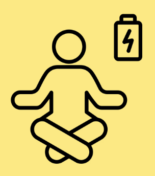 Icon of a meditating figure with a battery symbol representing rest and recharge