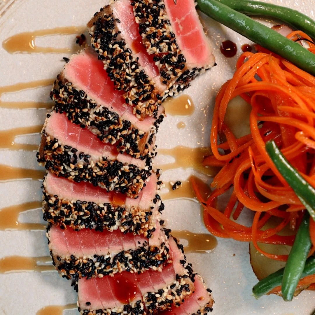 Our sesame crusted seared tuna is what dreams are made of. Crust on the outside, melt-in-your-mouth inside #oldvillageinnogunquit