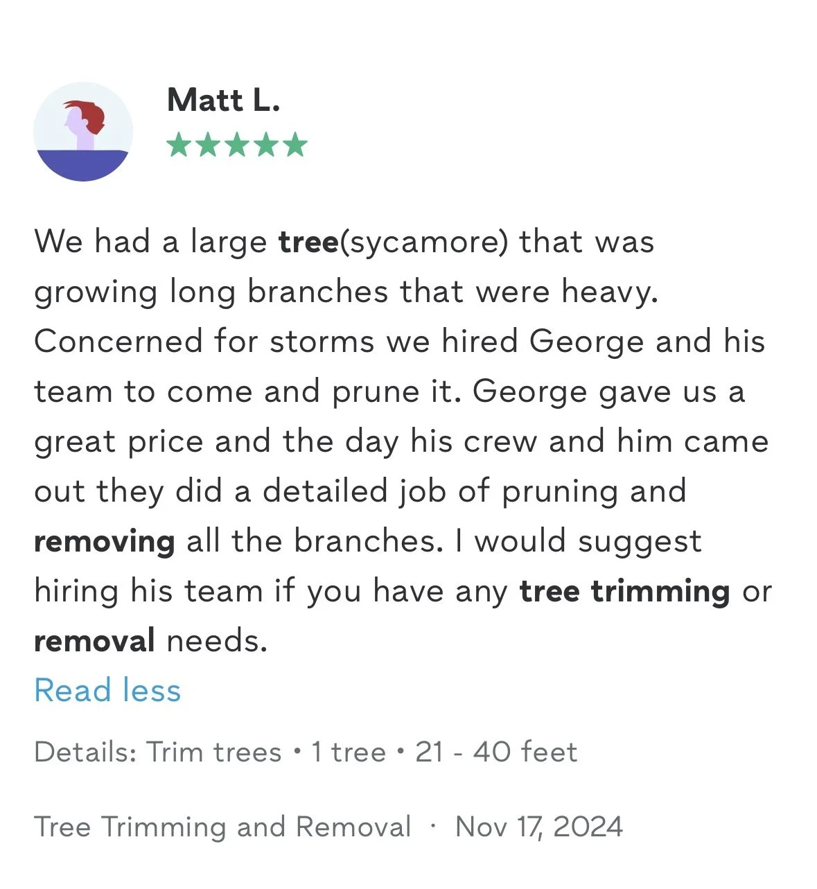 5 star review from tree service in contra costa county
