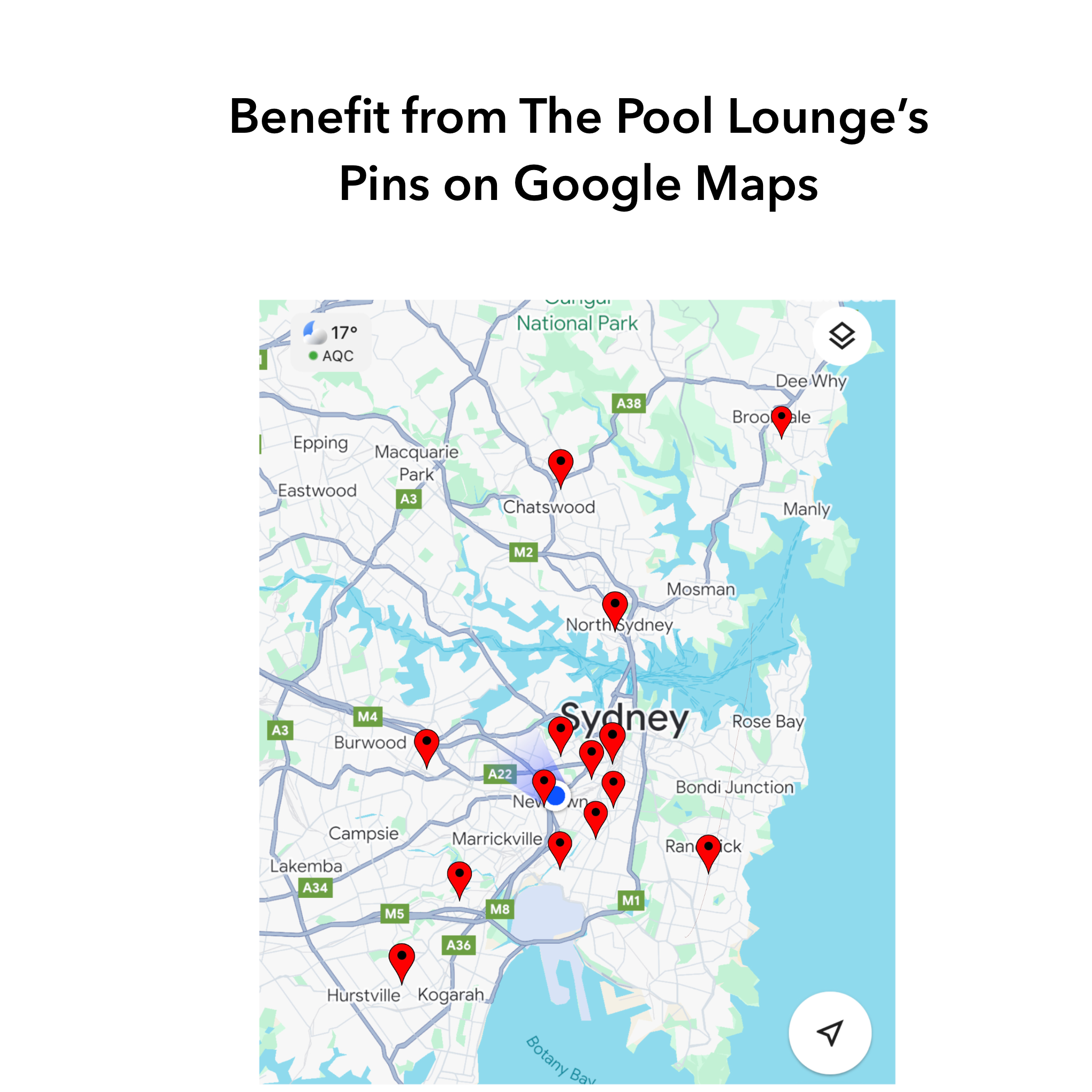 Map of Sydney, Australia with red location pins marking various spots, including Chatswood, North Sydney, and Burwood. The map shows major roads and areas such as Newtown, Randwick, and Hurstville. A blue pin indicates a specific location.