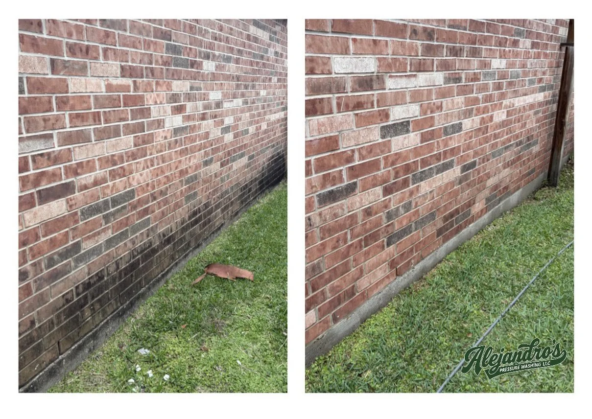 Comparison of a brick wall before and after pressure washing, with a logo for Alejandro's Pressure Washing LLC in the bottom right corner.