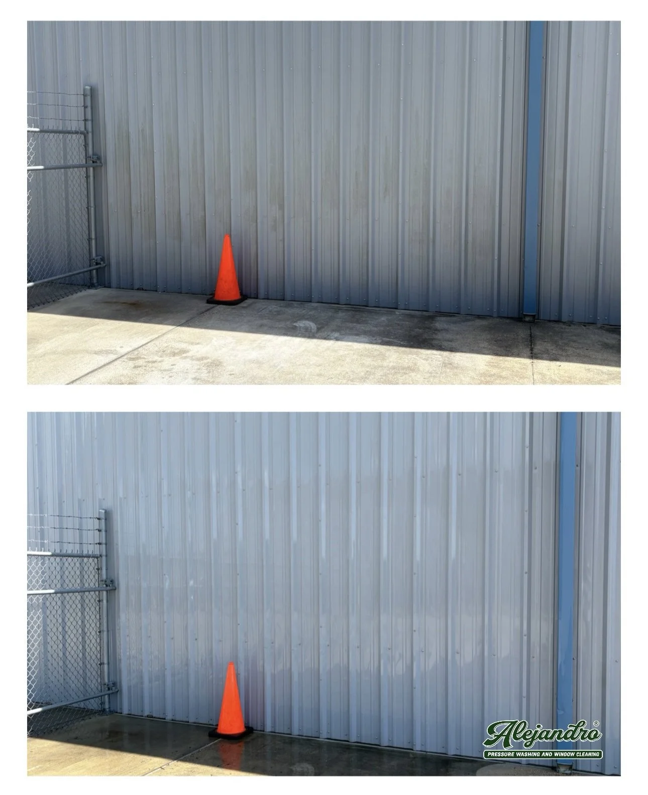Comparison of a metal wall surface before and after pressure washing, with an orange safety cone in front, and the logo of Alejandro Pressure Washing and Window Cleaning in the bottom right corner.