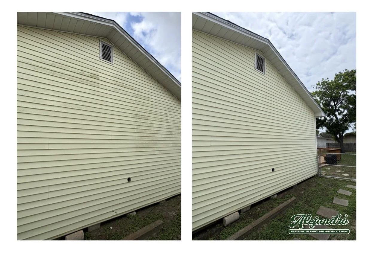Before and after images of house siding cleaning, showing a dirty and a cleaned side. The house has light yellow horizontal vinyl siding, and small vent near the roof. The cleaned side is brighter and free of stains. The bottom right has a logo that 