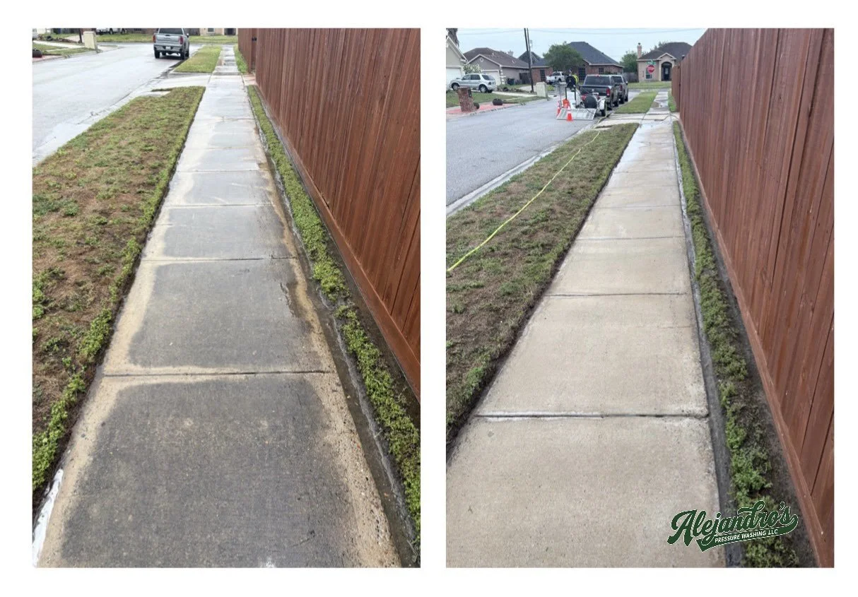 Sidewalk before and after pressure washing, showing cleaner concrete on the right with a trimmed grassy border.