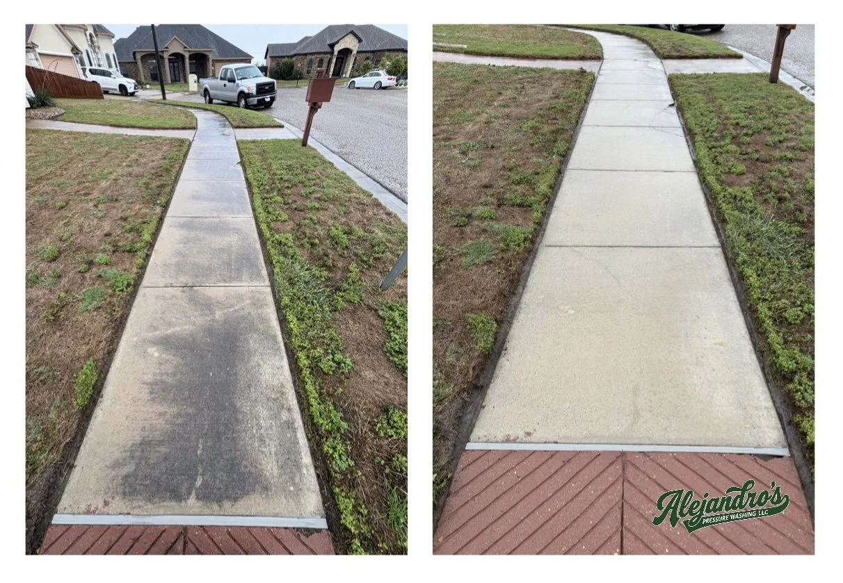Sidewalk before and after pressure washing, with the cleaned section appearing brighter and dirt-free, with a logo of Alejandro's Pressure Washing LLC in the bottom right corner.